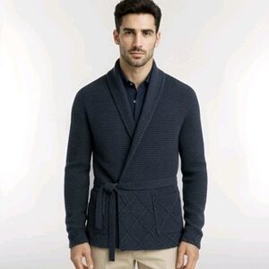 Eidos Shawl Collar Cardigan Blue Wrap Tie Front Blue Knit Italy $580 Men's Sz S